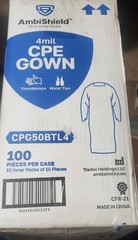 (100) Blue 50″ Extra Large Cast Poly Apron/Gowns CPE w/ Thumb Hold Sleeves &Ties