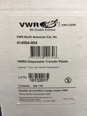 VWR Cat No 414004-004 Disposable Transfer Pipettes Graduated 7.5mL