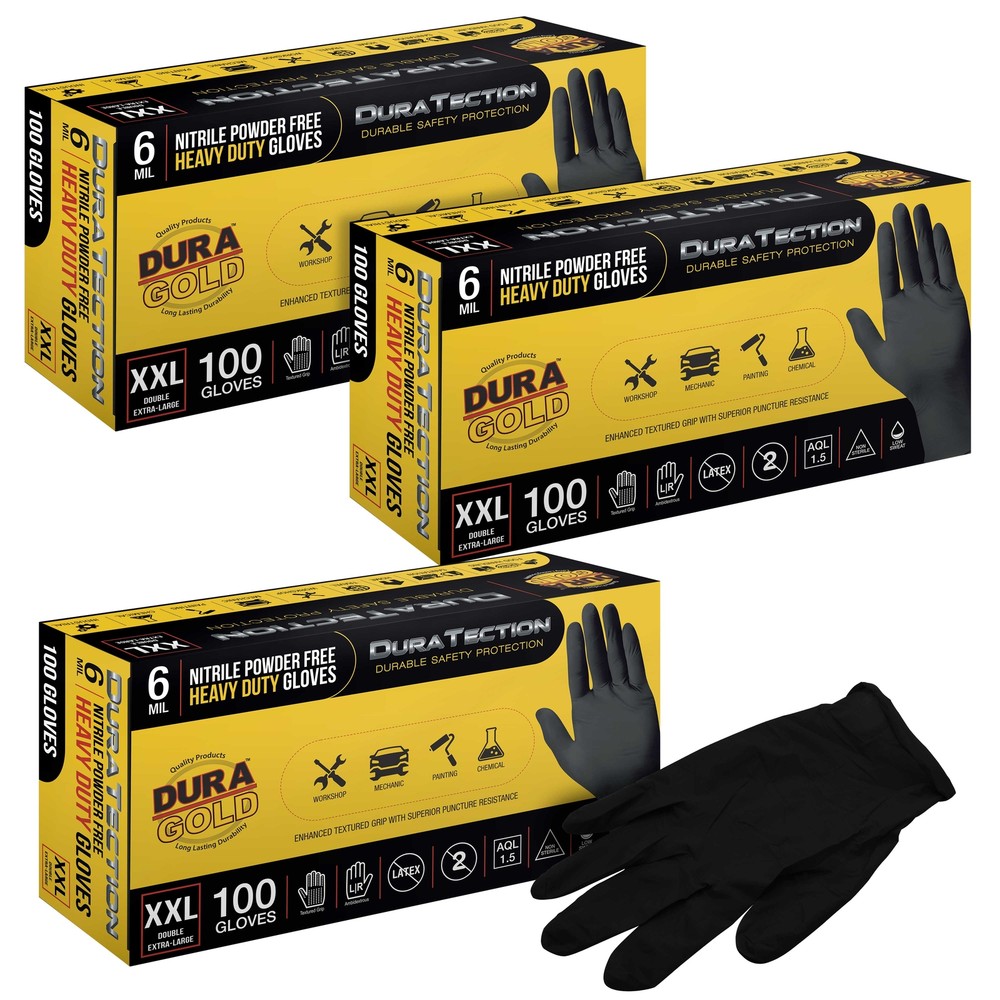 Dura-Gold HD Black Nitrile Disposable Gloves, 3 Boxes of 100, XX-Large, 6 Mil