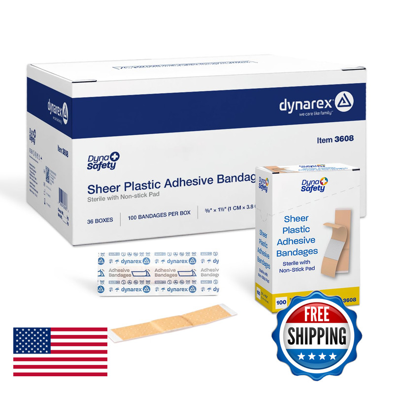 Dynarex Sheer Plastic Adhesive Bandages Water-Resistant And Sterile Non-Stick