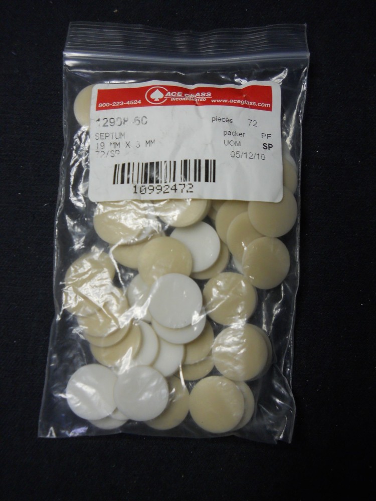 Bag of (72) Ace Glass 19mm x 3mm Silicone-Bonded White PTFE Face Septum 12908-60