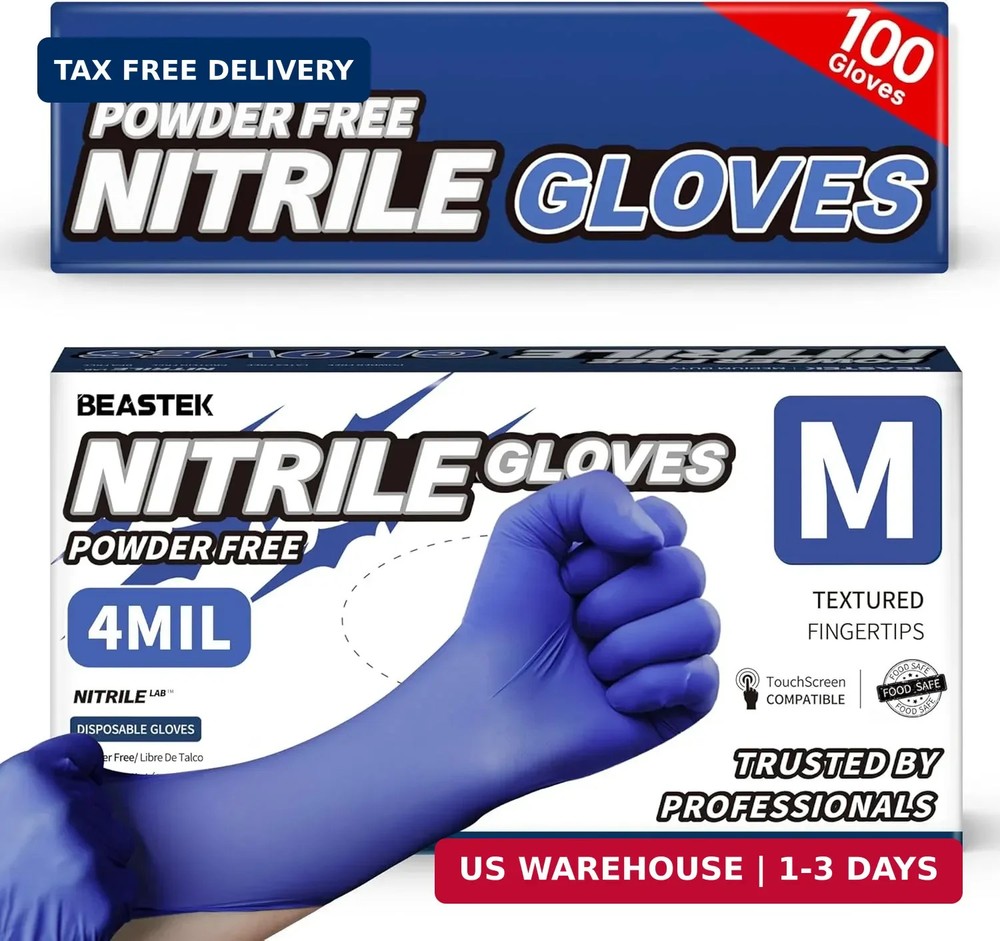 Beastek Nitrile Exam Gloves, 4.0 Mil 100 Pcs, Powder-Free Latex-Free Medical Coo