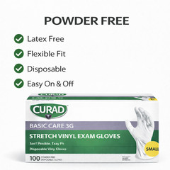 CURAD Basic Care 3G Stretch Vinyl Exam Gloves, Size Small Soft Flexible Easy Fit