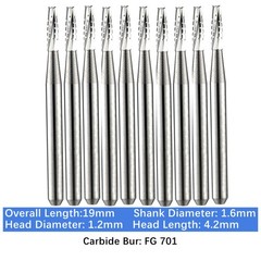 10-100pc Vakker Dental Carbide Burs FG701 19mm FG Tapered Fissure Bur High Speed