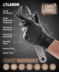 Heavy Duty Black Nitrile Gloves, Safe, Latex Free, Powder Free, Mechanic, Fully