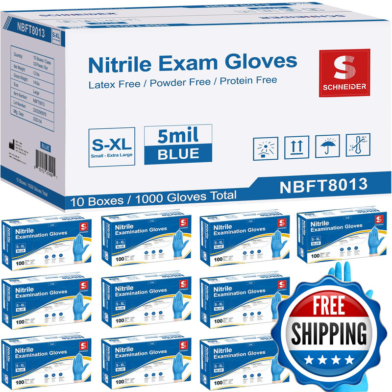 Schneider Nitrile Exam Gloves 5 Mil Blue Latex-Free Powder-Free Disposable