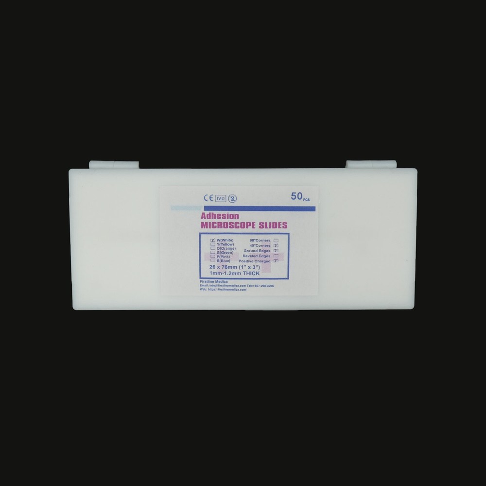 Slide Box, Adhesion Microscope Slides, 45° Corners, Positive Charged, 50 slides
