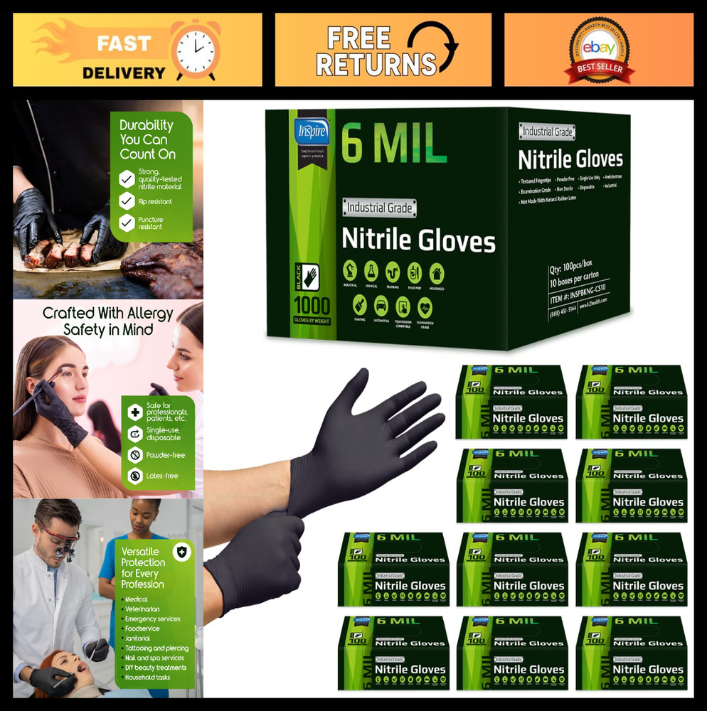 Heavy Duty Disposable Nitrile Gloves | Latex Free, 6mil Black & 8mil Orange | Fo