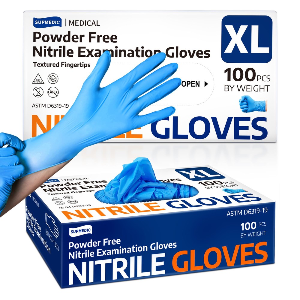 X Large Blue Nitrile Gloves Powder Free Latex Free Disposable 100 Count Pack
