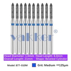 10pc Dental 877-010M Diamond Burs Medium Grit FG Friction Grip Beveled Cylinder
