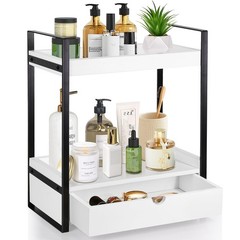 2-Tier Wooden Counter Shelf with Drawer, Vanity Organizer, Farmhouse Decor