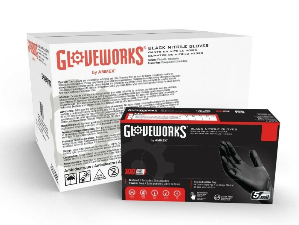 GLOVEWORKS [Large] Industrial Black Disposable Nitrile Gloves 5 Mil Latex-Free