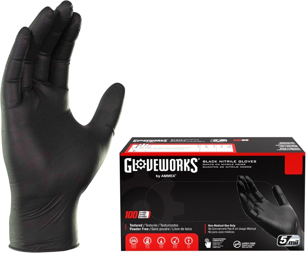 Gloveworks 100-Pack 5 Mil Nitrile Disposable Powder Free Gloves, Small, Black