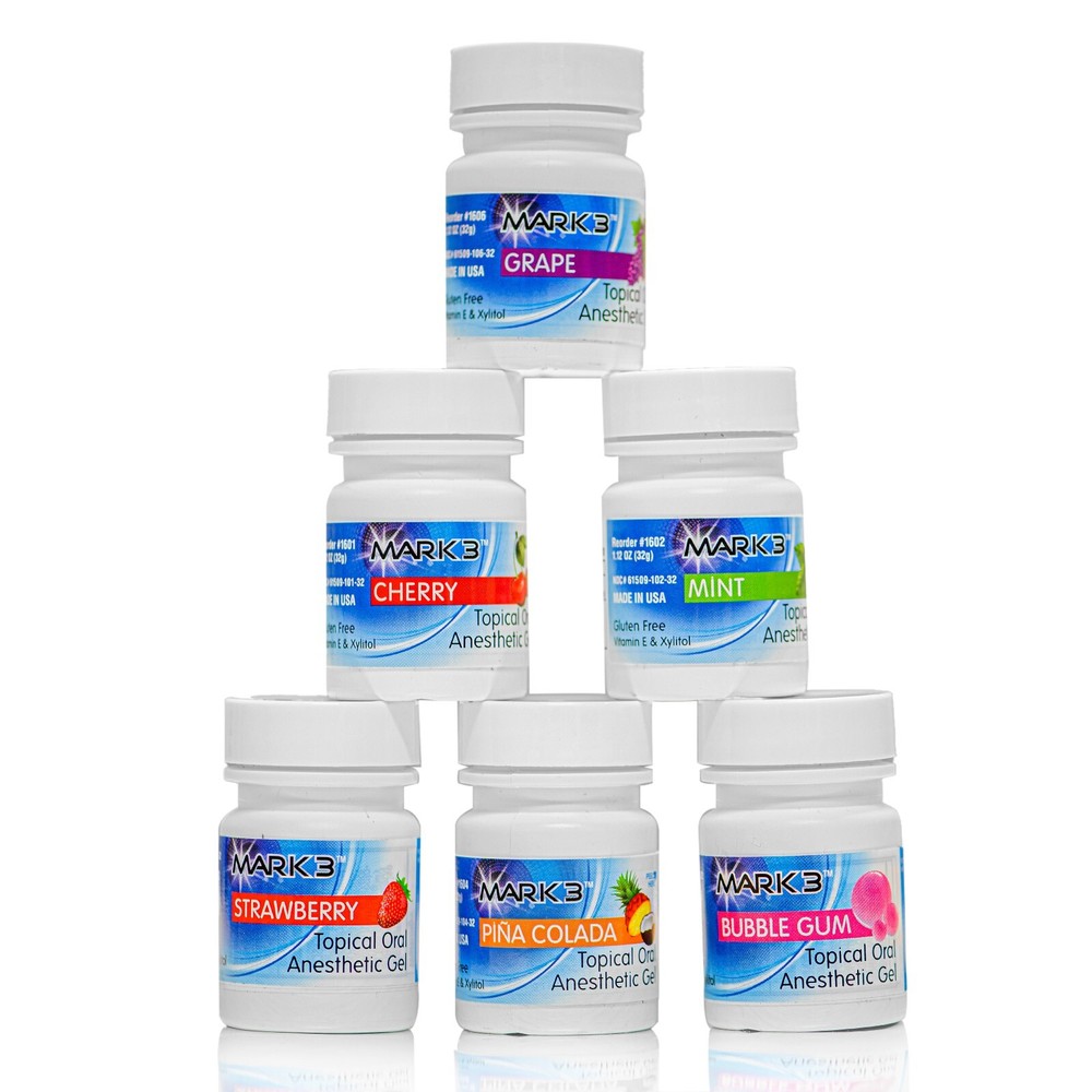 10 Dental Topical Bottles Mark3 Anesthetic Gel 20% Benzocaine 1OZ Jar -6 Flavors