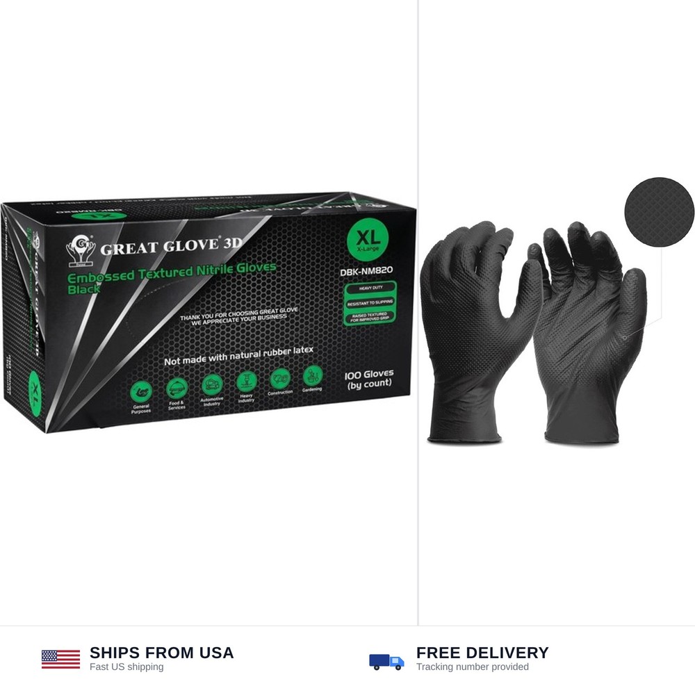GUS Black 8 Mil Diamond Grip Nitrile Disposable Gloves – Large, 100