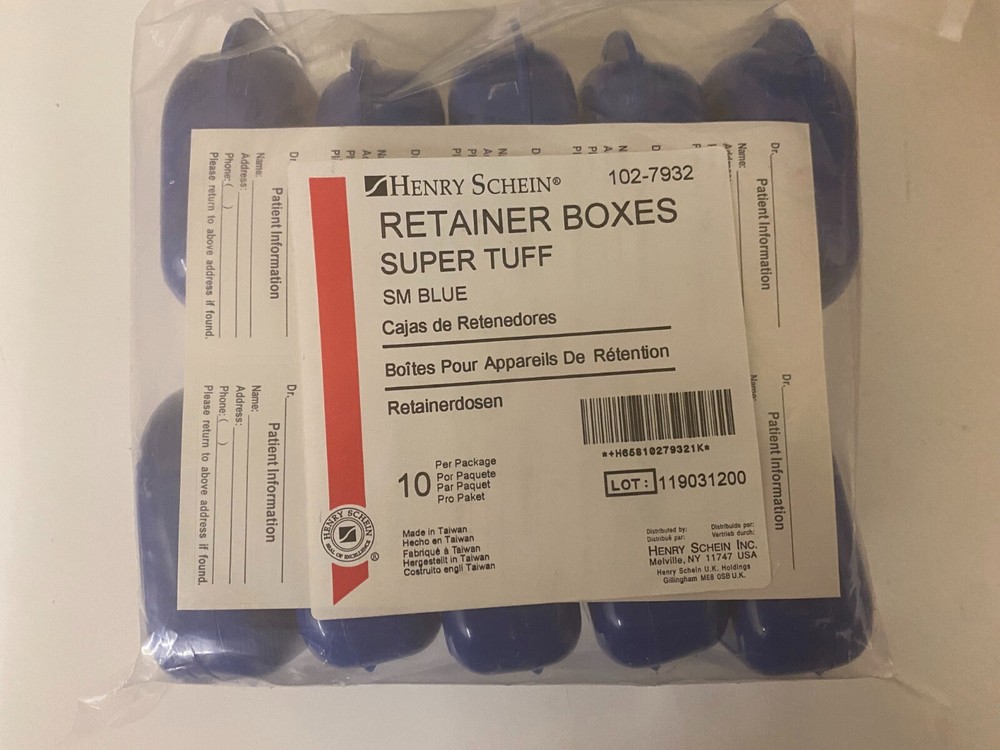 Bag of 10 Henry Schein Retainer Box Super Tuff SM Blue 102-7932 3″x 2.5″x 1″
