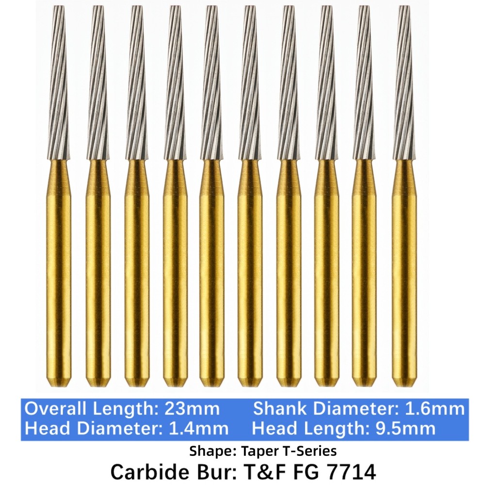 10-100pcs Dental Trimming & Finishing Gold Burs Taper Carbide Burs FG 7714