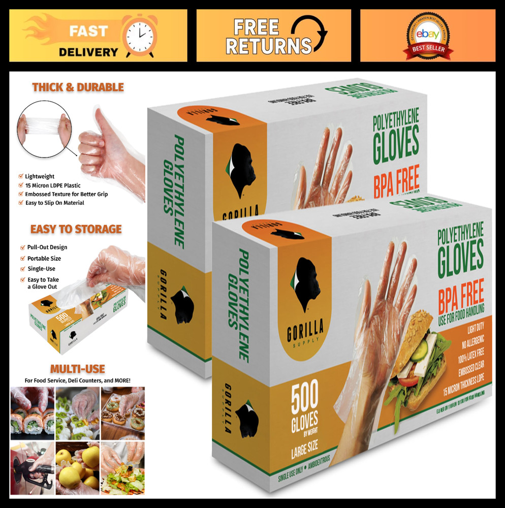 1000 Count Large Disposable Gloves – BPA Free Poly PE LDPE for Food Prep & Kitch