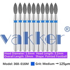 50pc Vakker Dental Diamond Burs Pointed Football Bit 368 369 010 016 018 020 023