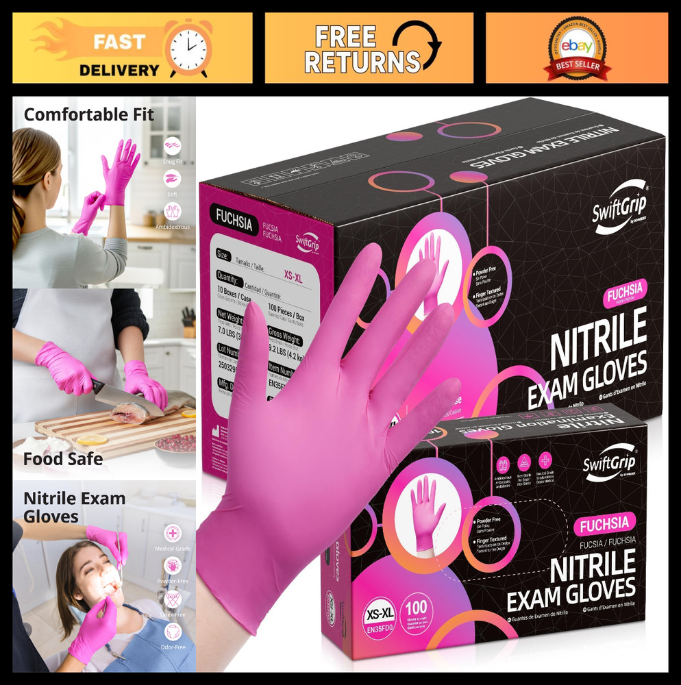 Disposable Powder-Free Nitrile Gloves, 3-Mil, Latex-Free, Pink/Fuchsia – 100 Pac