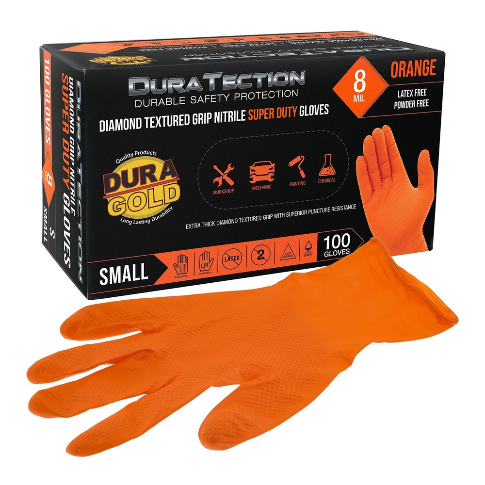 Dura-Gold Duratection 8 Mil Orange Super Duty Diamond Textured Nitrile Dispos…
