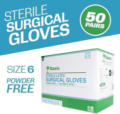 Sterile Latex Surgical Gloves, Size 6, Powder-Free, 50 Pairs/Box