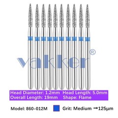 Vakker 10pc Dental 860-012M Medium Grit FG Diamond Bur Friction Grip Flame Shape