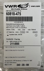 VWR 60818-475 12x75mm Culture Tubes W/ Plug Closure Sterile 25 Per Bag Lot of 10
