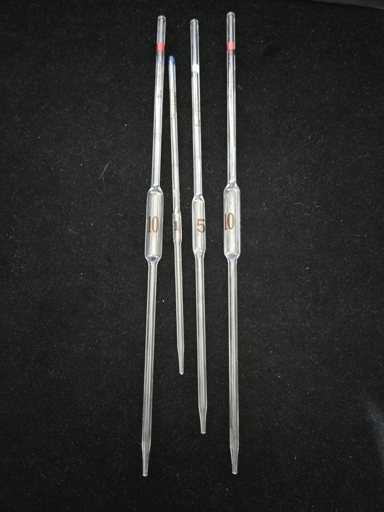 Lot 4 FISHER Glass Bulb Reusable Volumetric Pipette Pipet 10ml 5ml 1ml