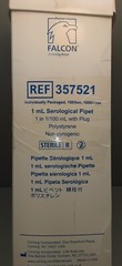 FALCON 1mL Serological Sterile Pipets w/plug (box of 100) 357521