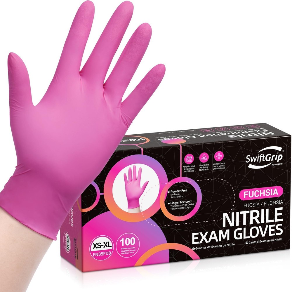 SwiftGrip Pink Gloves Powder-Free Nitrile Gloves, 100ct Box – Medium, Fuchsia