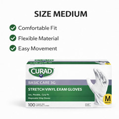 CURAD Basic Care 3G Stretch Vinyl Exam Gloves, Size M Soft Flexible Easy Fit