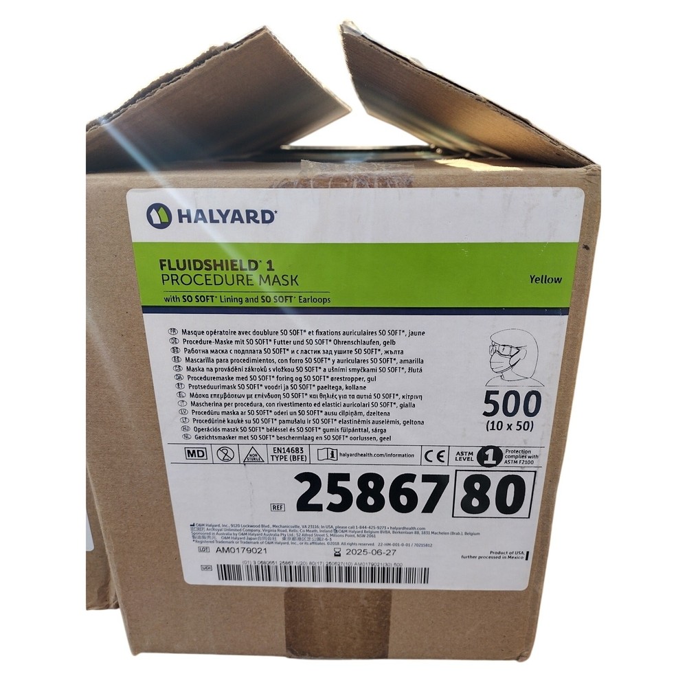 Case of 500 Halyard Fluidshield Level 1 Procedure Masks Yellow 25867 – 10 Boxes