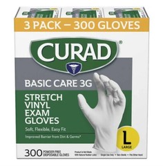 Curad Basic Care 3G Stretch Vinyl Exam Gloves, Size Large, 300 Count, sealed