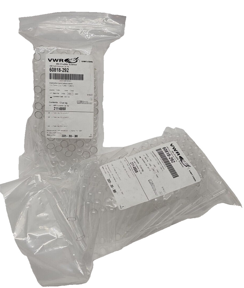 VWR Culture Tubes 12x75mm, 60818-292, 250 Each, exp 02/2027 (new sealed)