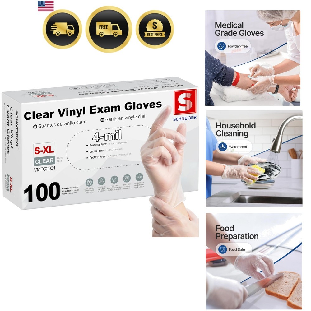 Clear Vinyl Exam Gloves, Latex-Free, Disposable Medical Gloves, Cleaning Glov…