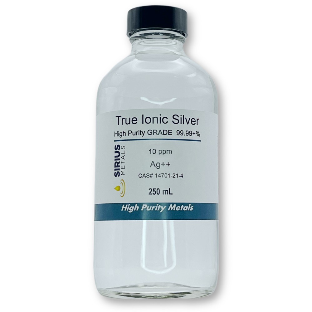 True Free Silver Ions (Ag++): 10 ppm, 99.99+% Purity – 250 mL in Glass