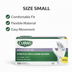 CURAD Basic Care 3G Stretch Vinyl Exam Gloves, Size Small Soft Flexible Easy Fit