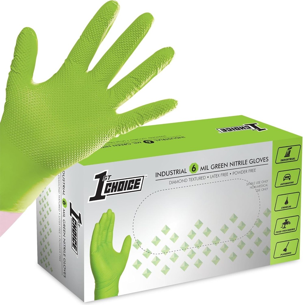 1st Choice 6 Mil Nitrile Gloves – Orange & Green Diamond Grip, Latex Free