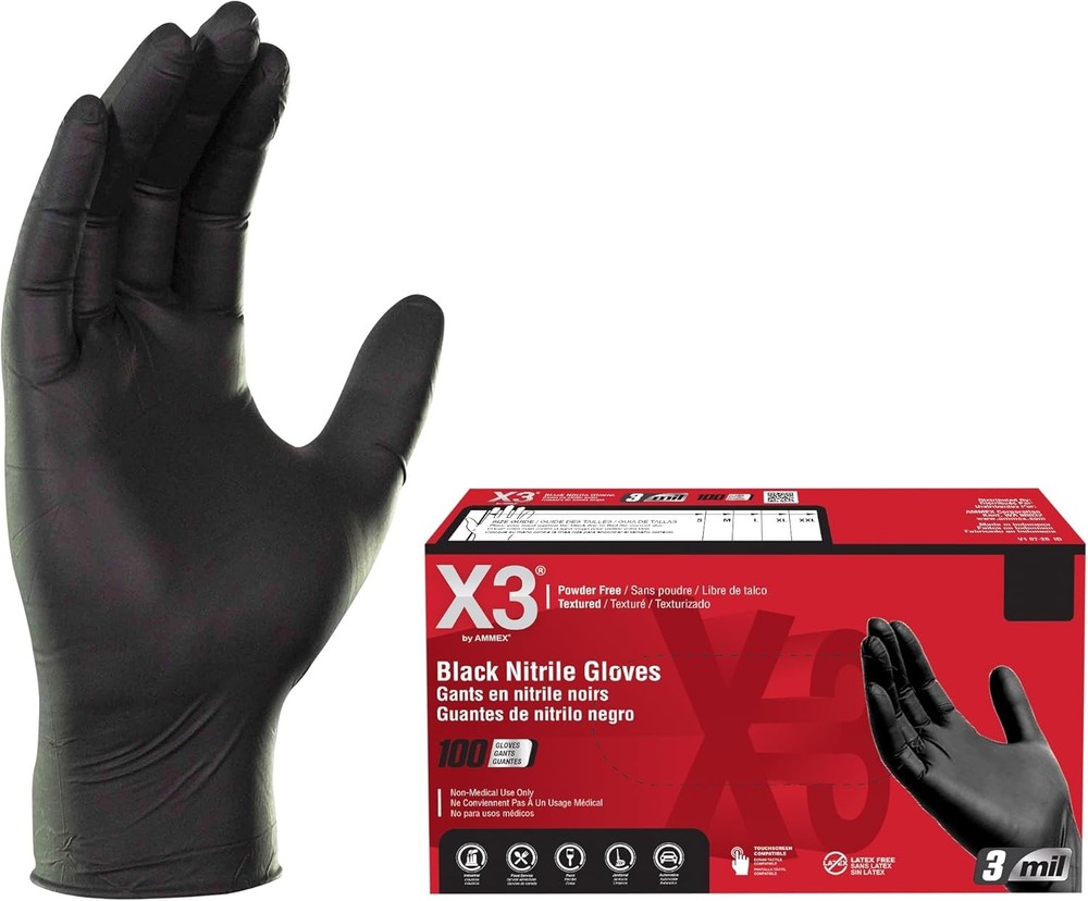 X3 Black Nitrile Gloves for cooking Food Prep, Disposable, Latex Free, Large
