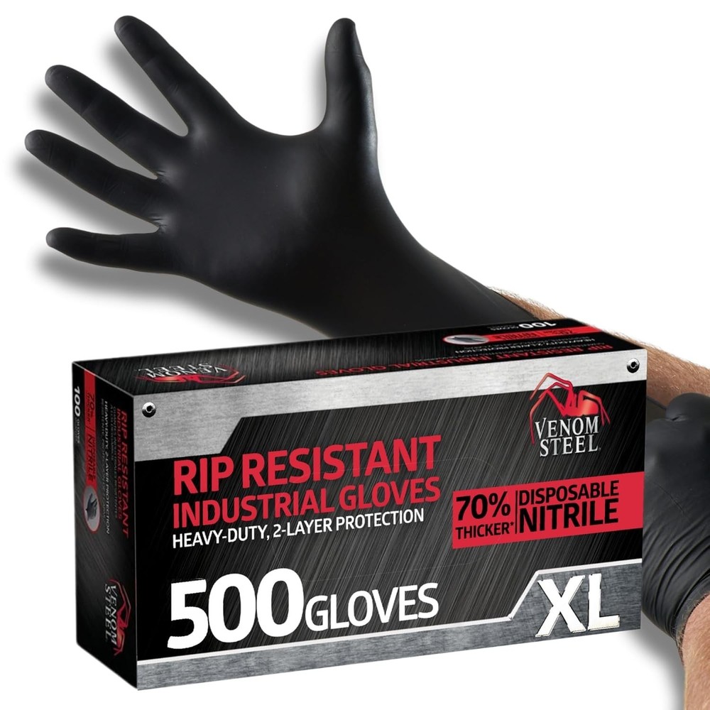 Venom Steel Industrial Nitrile Gloves, Chemical Resistant Disposable Black Glove