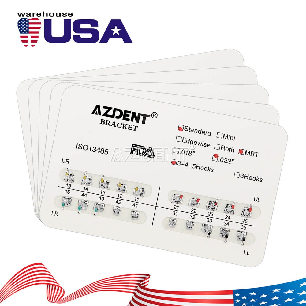 AZDENT Dental Orthodontic Metal Brackets Standard MBT 022 Hooks 3 4 5