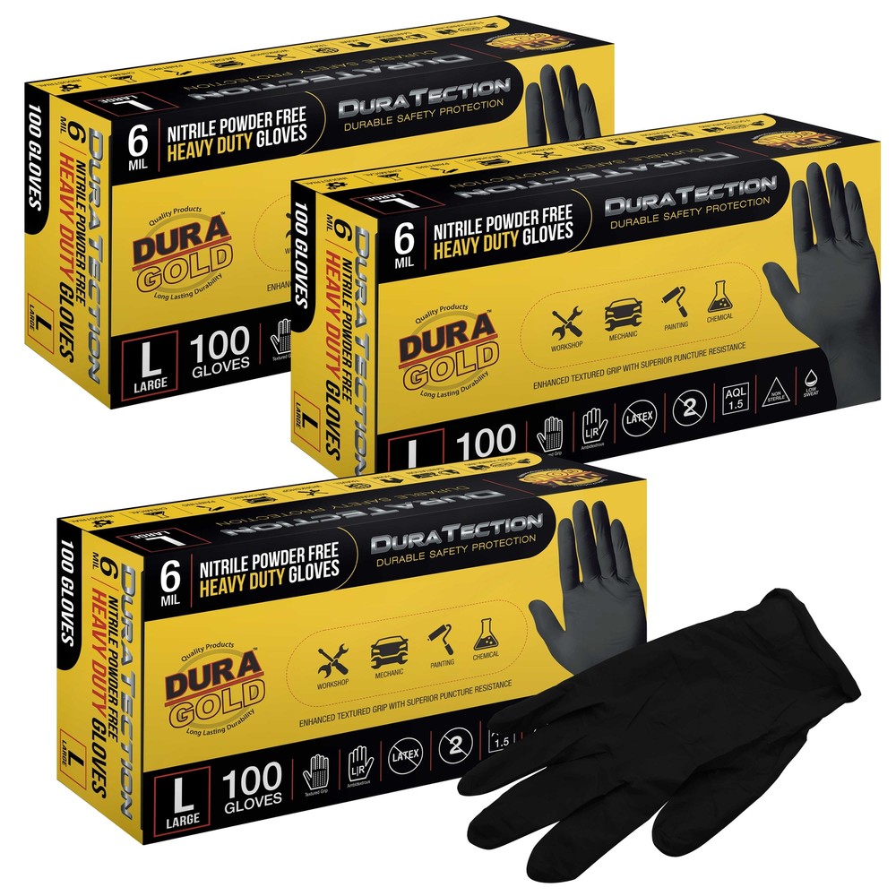 Dura-Gold HD Black Nitrile Disposable Gloves, 3 Boxes of 100, Size Large, 6 Mil