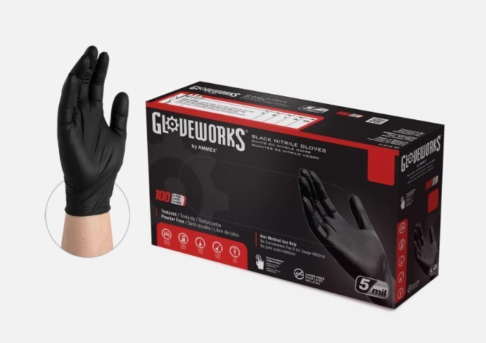 GLOVEWORKS BLACK NITRILE POWDER FREE DISPOSABLE GLOVE 5 MIL MEDIUM SIZE 100/BOX