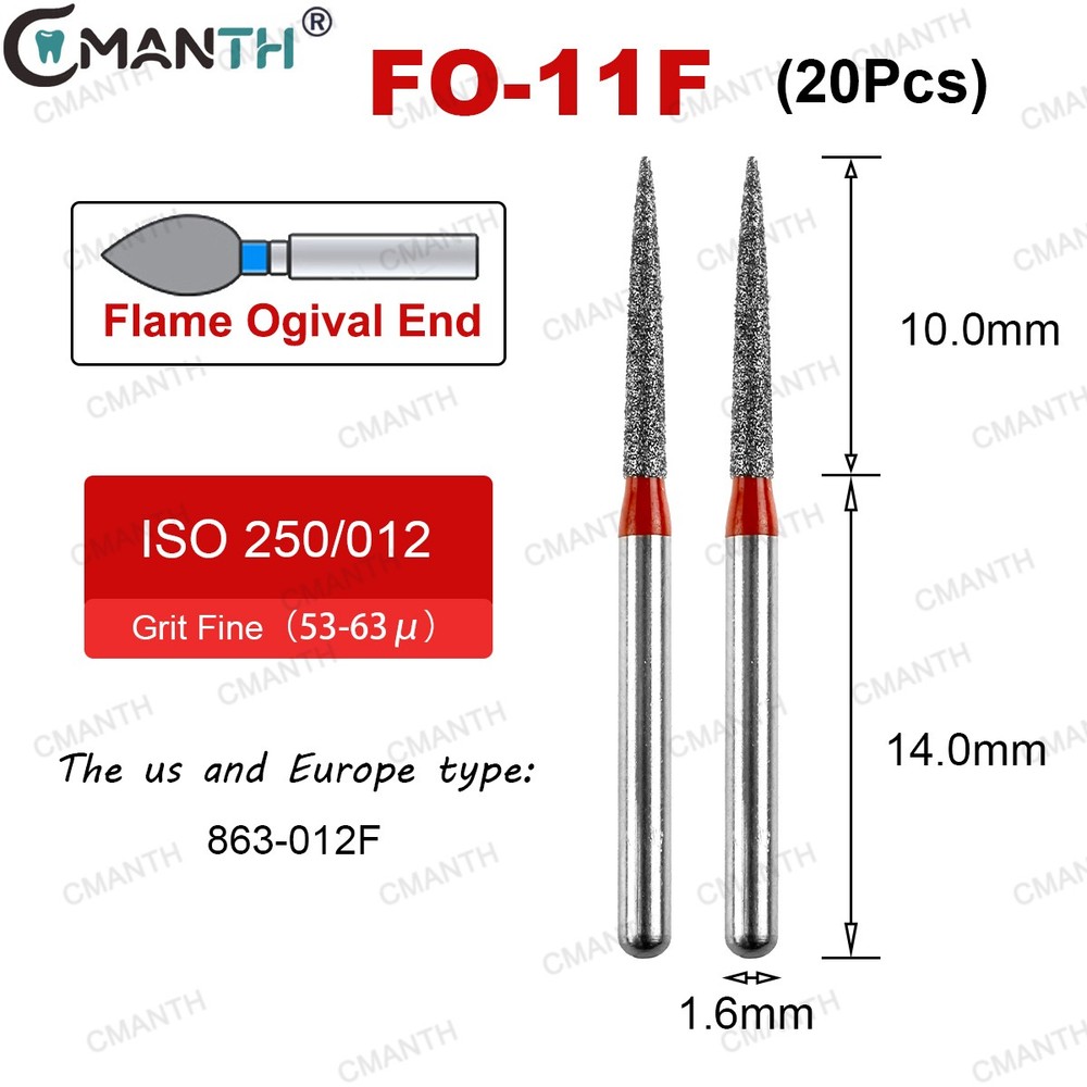 20Pcs Dental Diamond Burs FG High Speed Bur FO Flame Ogival End Extra Fine USA