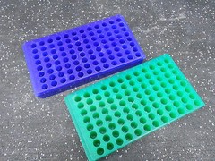 2 REVERSIBLE TEST TUBE HOLDERS 96 POSITION 11mm X 25mm DEEP & 7mm X 23mm DEEP