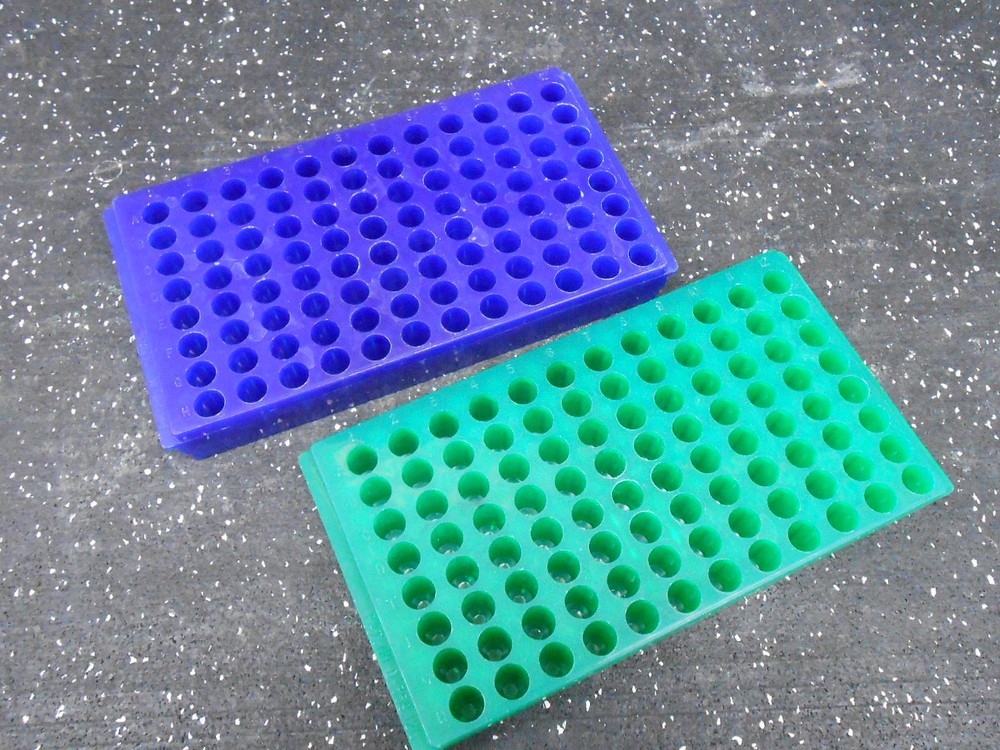 2 REVERSIBLE TEST TUBE HOLDERS 96 POSITION 11mm X 25mm DEEP & 7mm X 23mm DEEP