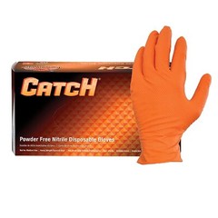 CATCH Nitrile Disposable Gloves w/ Pyramid Grip Texture Orange 9 Mil Box of 100