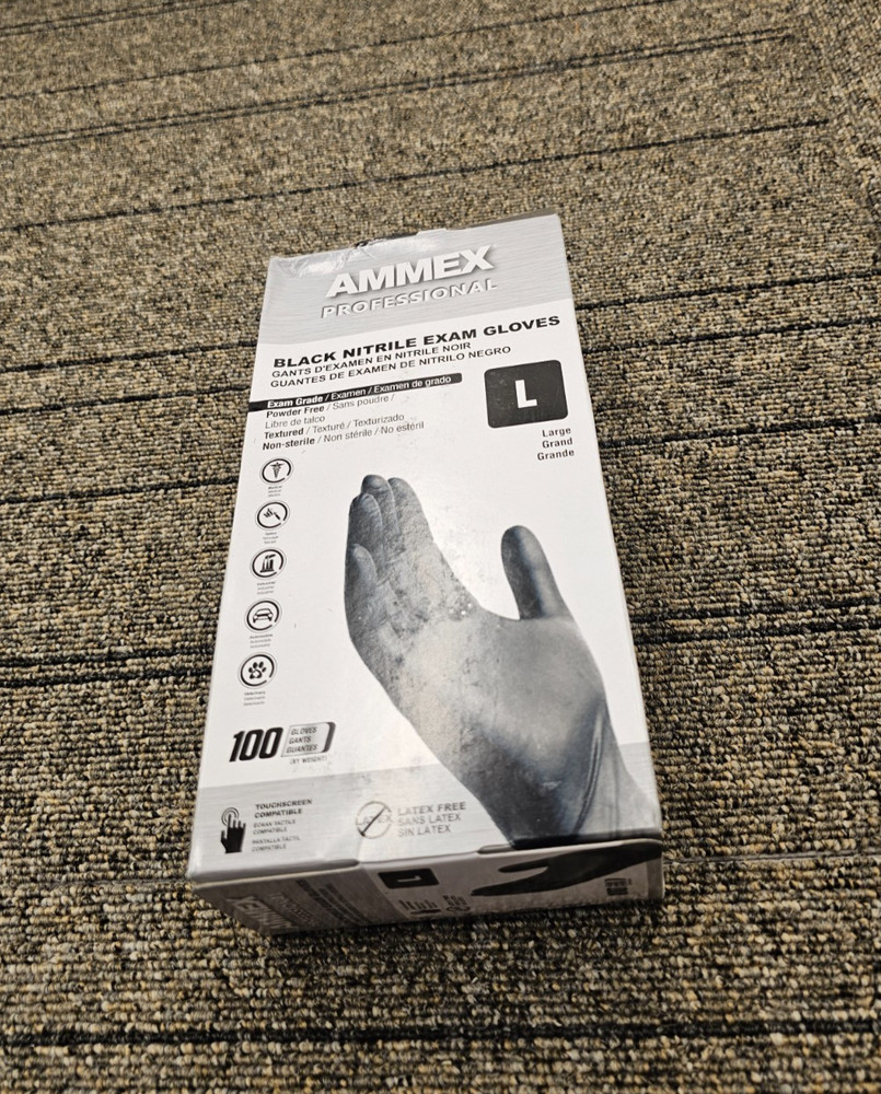 (QTY 200) AMMEX ABNPF46100 Black Nitrile Disposable Exam/Medical Gloves Large