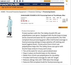 (100) Blue 50″ Extra Large Cast Poly Apron/Gowns CPE w/ Thumb Hold Sleeves &Ties